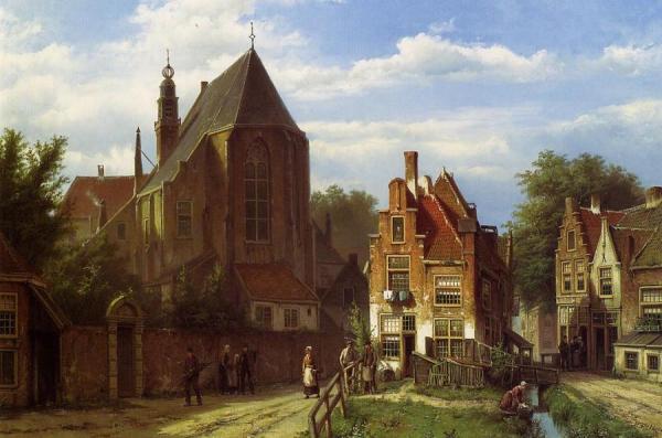 Willem Koekkoek Figures In A Dutch Town