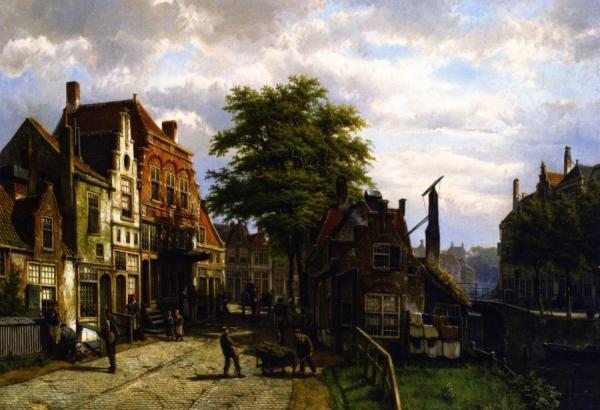 Willem Koekkoek Figures In A Dutch Town On A Sunny Day