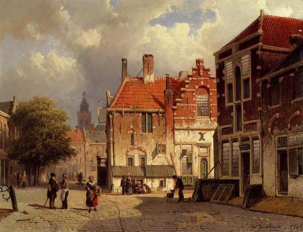 Willem Koekkoek Figures In A Dutch Town Square