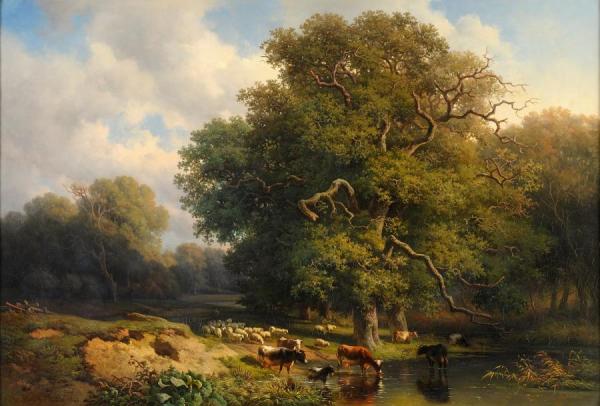 Wooded Landscape With Lake And Grazing Cattle by Willem Roelofs Oil Painting Reproductions