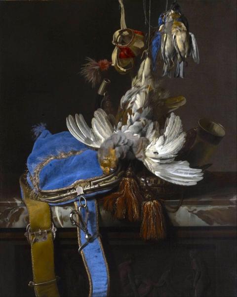 Hunt Still Life With A Velvet Bag On A Marble Ledge by Willem Van Aelst