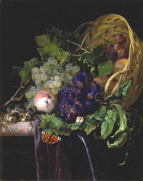 Peaches, Chestnuts And Grapes In An Overturned Basket by Willem Van Aelst