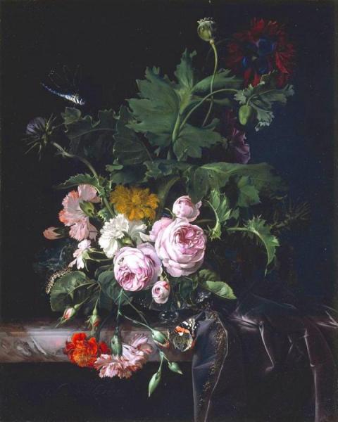 Peonies, Carnations, Thistles And Other Flowers In A Glass Vase by Willem Van Aelst