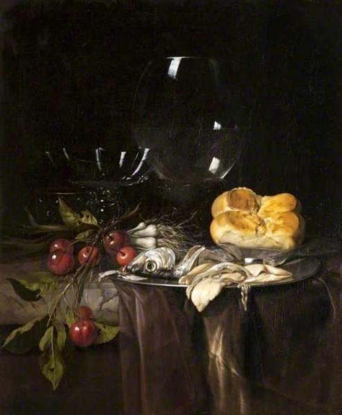 Still Life, Herring, Cherries And Glassware by Willem Van Aelst