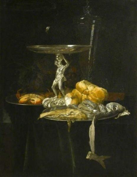 Still Life Of A Silver Tazza With A Wine Glass, Crab, Herring, Bread And Onion by Willem Van Aelst