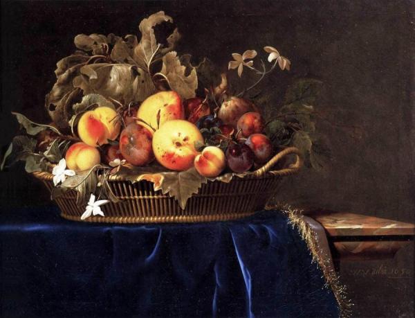 Still-life With A Basket Of Fruit On A Marble Ledge by Willem Van Aelst