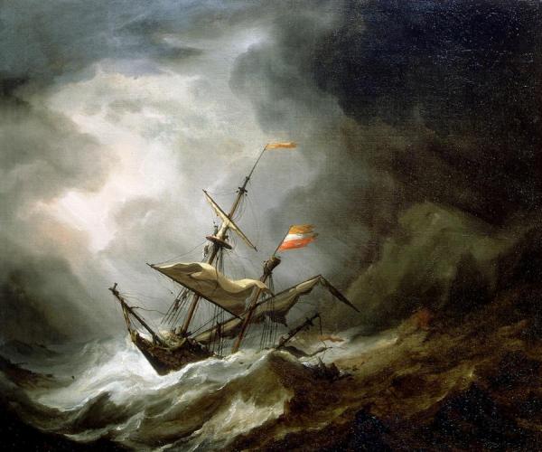 Willem Van De Velde The Younger A Mediterranean Brigantine Drifting Onto A Rocky Coast In A Storm