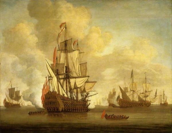 Willem Van Der Velde The Elder Calm:  An English Two-decker With Sails Loosed Firing A Salute