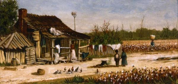 Cabin Scene With Birdhouse, Chickens And Cotton Picker Carrying Basket Of Cotton by William Aiken Walker