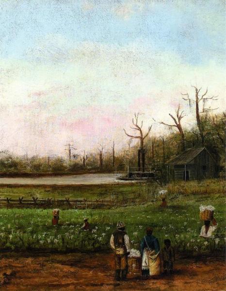 Cottonfield With Bayou, Steamboat, Road, Cabin And Fieldhands by William Aiken Walker
