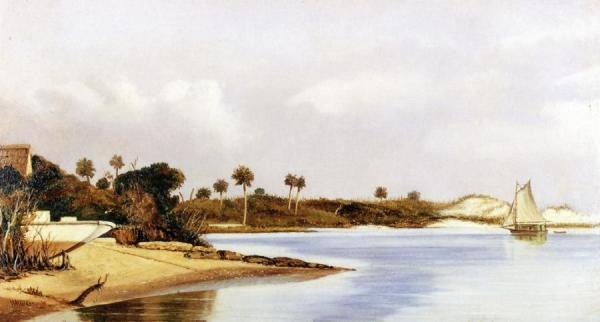 Florida Beach Scene With Beached Boat And Sailboat In Water by William Aiken Walker Oil Painting Reproductions