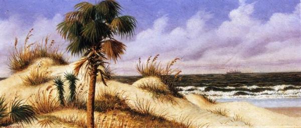 Florida Seascape With Sand Dune, Palm Tree, And Steamship by William Aiken Walker