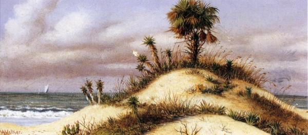 William Aiken Walker Florida Seascape With Sand Dune, Palm Tree, Yucca, Cactus And Sailboat