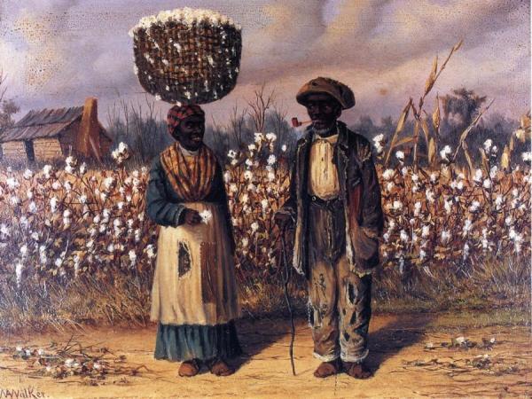Negro Man And Woman In Cotton Field With Baskets Of Cotton by William Aiken Walker