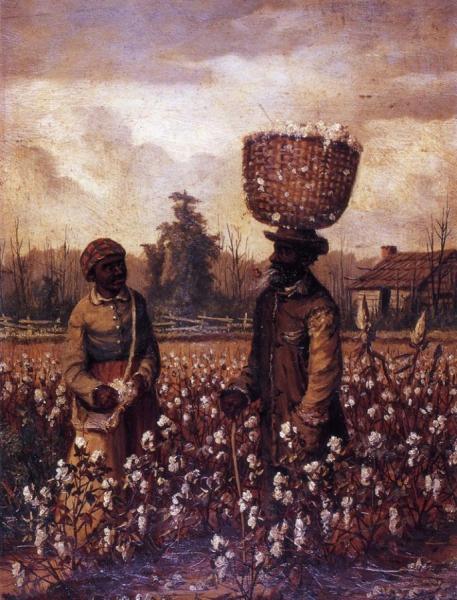 Negro Man And Woman In Cotton Field With Cabin by William Aiken Walker
