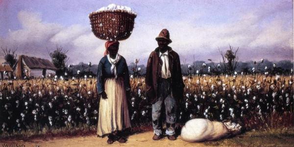 Negro Man And Woman In Cotton Field With Cotton Basket And Cotton Bag by William Aiken Walker