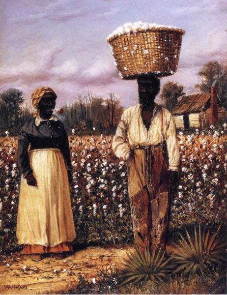 Negro Man And Woman In Cotton Field With Cotton Baskets by William Aiken Walker