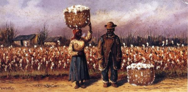 Negro Man And Woman In Cotton Field With Cotton Baskets by William Aiken Walker