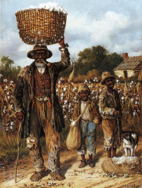 Negro Man, Two Boys And Dog In Cotton Field by William Aiken Walker