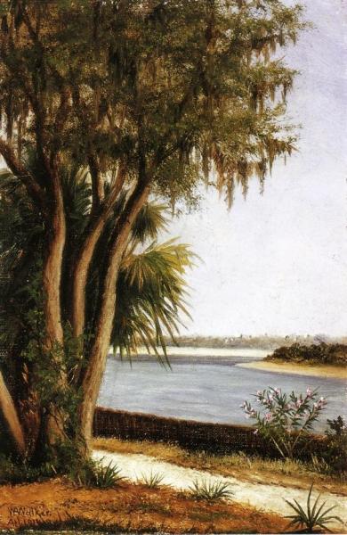 River, Tree, City On Horizon by William Aiken Walker