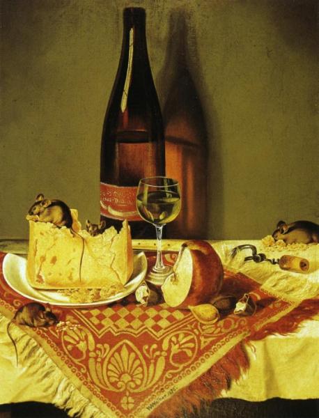 Still Life With Cheese, Bottle Of Wine And Mouse by William Aiken Walker