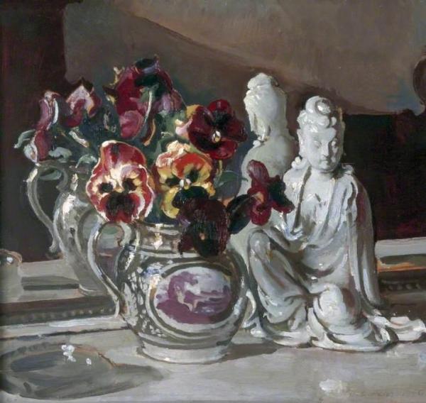Pansies In A Lustre Jug With A Blanc De Chine Figure by William Charles Penn