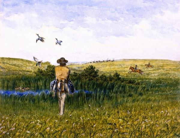 Duck Hunting On The Prairies With An Immigrant Wagon Train In The Distance by William George Richardson Hind