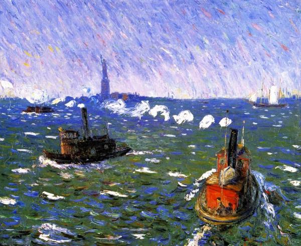 Breezy Day, Tugboats, New York Harbor by William James Glackens