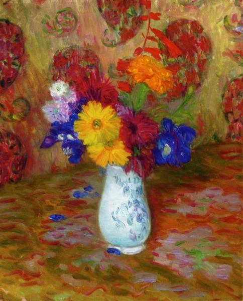 Flowers Against A Palm Leaf Pettern by William James Glackens