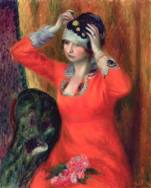 Girl In Red Dress Pinning On Hat by William James Glackens