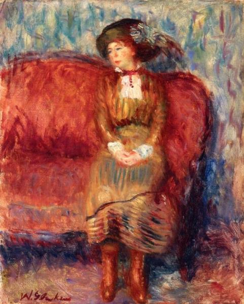 Woman Seated On Red Sofa by William James Glackens