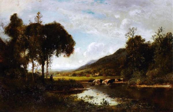 Cattle Watering At A Pond With A Shepherd Nearby by William Keith
