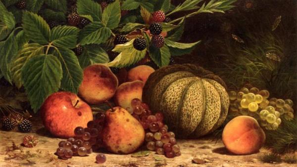 Still Life With Melon, Grapes, Peaches, Pears And Black Raspberries by William Mason Brown Oil Painting Reproductions