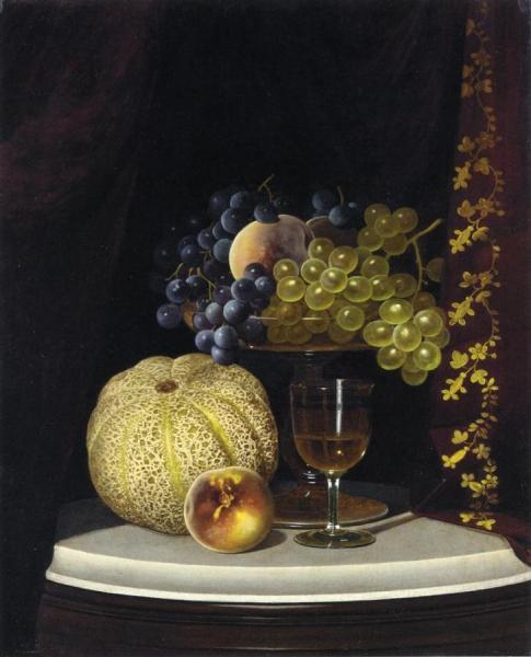 Still Life With Melon, Peach, Fruit-filled Compote And Glass Of Wine On A Marble Table Top by William Mason Brown