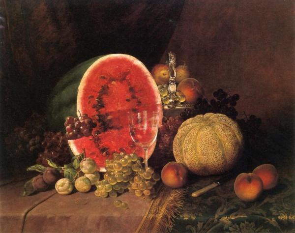 Still Life With Watermelon, Grapes, Peaches, Plums And Cantaloupe by William Mason Brown