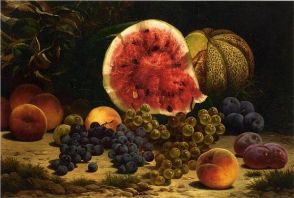 Still Life With Watermelon, Grapes, Peaches, Plums And Cantaloupe by William Mason Brown