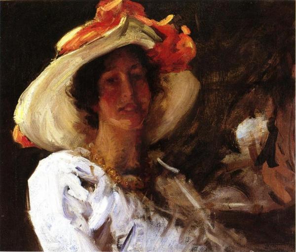 Portrait Of Clara Stephens Wearing A Hat With An Orange Ribbon by William Merritt Chase