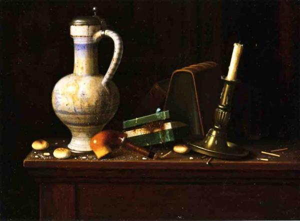 Still Life With Blue And White Pitcher, Tobacco Case And Pipe by William Michael Harnett