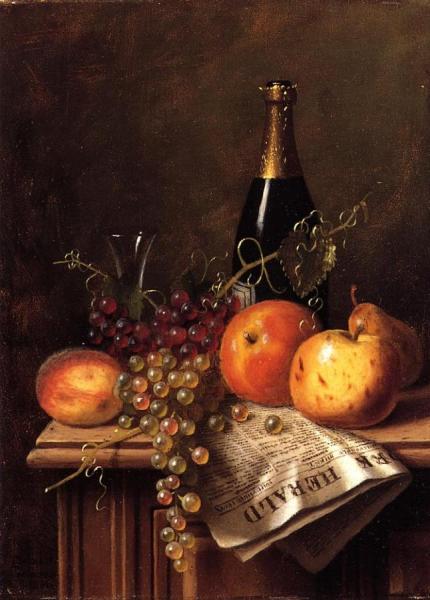 Still Life With Fruit, Champagne Bottle And Newspaper by William Michael Harnett