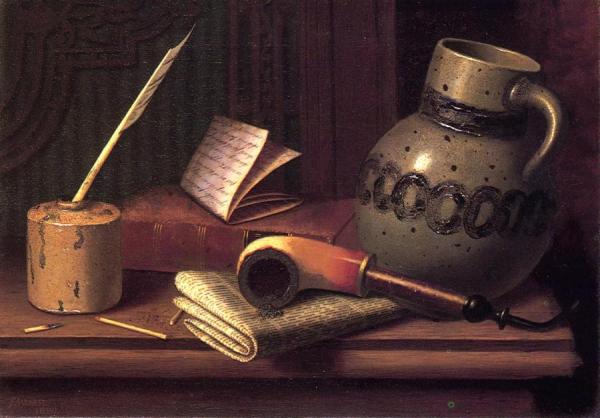 Still Life With Inkwell, Book, Pipe And Stoneware Jug by William Michael Harnett