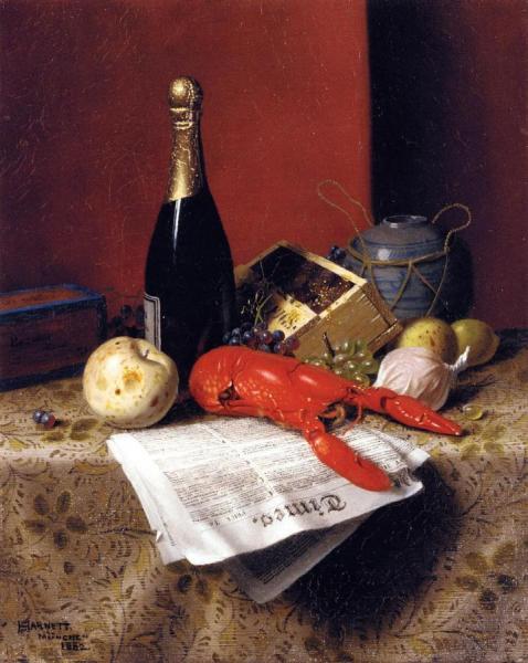 Still Life With Lobster, Fruit, Champagne And Newspaper by William Michael Harnett Oil Painting Reproductions
