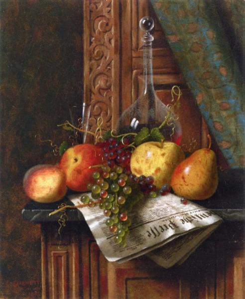 Still Life With Munich Newspaper, Fruit And Decanter by William Michael Harnett