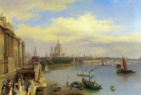 Figures Promenading Outside Somerset House, St. Paul's Cathedral Beyond by William Parrott