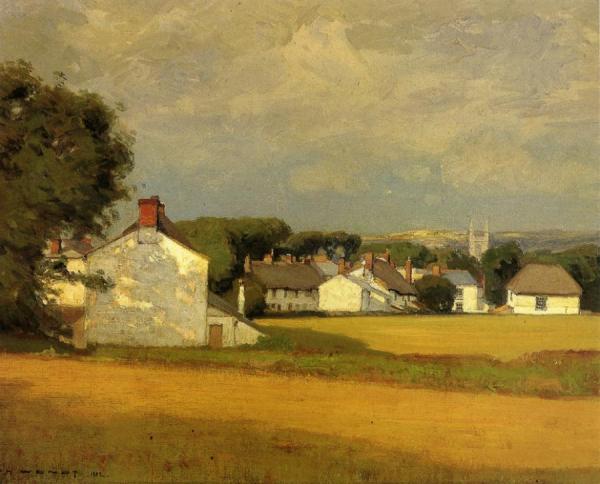 Village With A Church Spire In The Distance by William Wendt