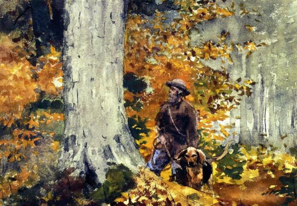 Adirondack Woods, Guide And Dog by Winslow Homer