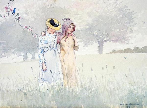 Girls Strolling In An Orchard by Winslow Homer