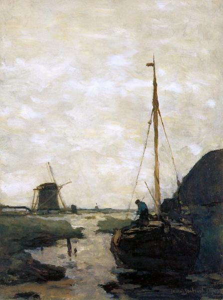 Ship In Polder Canal by Wladyslaw Bakalowicz Oil Painting Reproductions