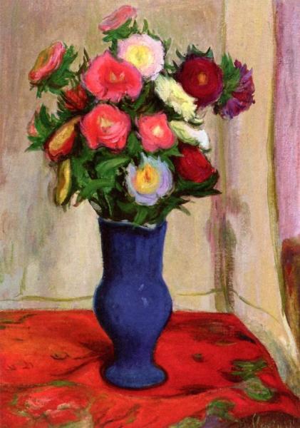 Bouquet Of Flowers In A Blue Vase by Wladyslaw Slewinski