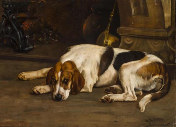 A Foxhound By The Hearth by Wright Barker Oil Painting Reproductions