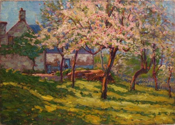 Blossoming Apple Trees In The Garden Of A Norman Farmhouse by Wynford Dewhurst Oil Painting Reproductions